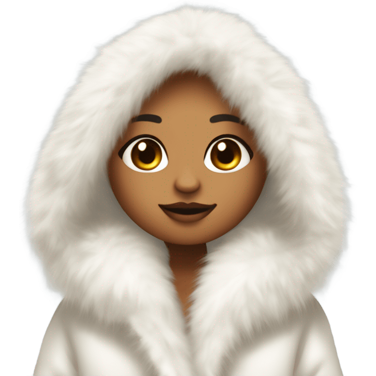 Tanned Girl with lashes ,  in an extremely big fluffy oversized white fur coat with hood on. The fur is real and it’s very obvious big and fluffy like in Pinterest  emoji