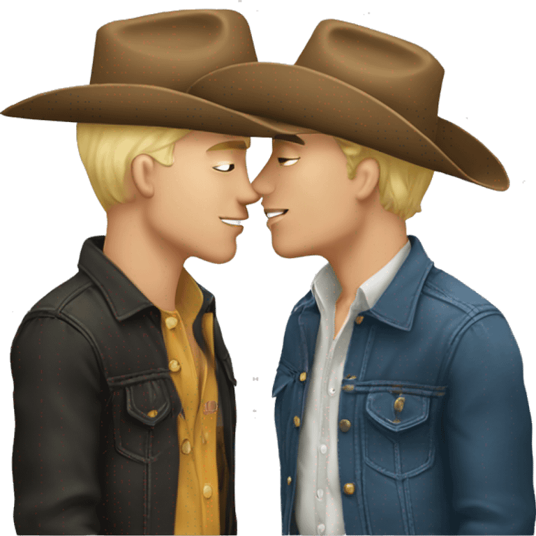 Two white gay cowboys kissing inloce emoji