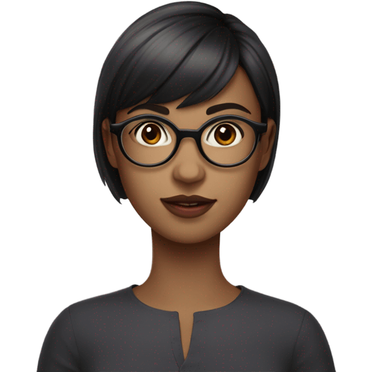 A woman about 25 years old with short hair, round glasses, bangs, and a slightly round face. Her lips are pink and she looks cute.  emoji