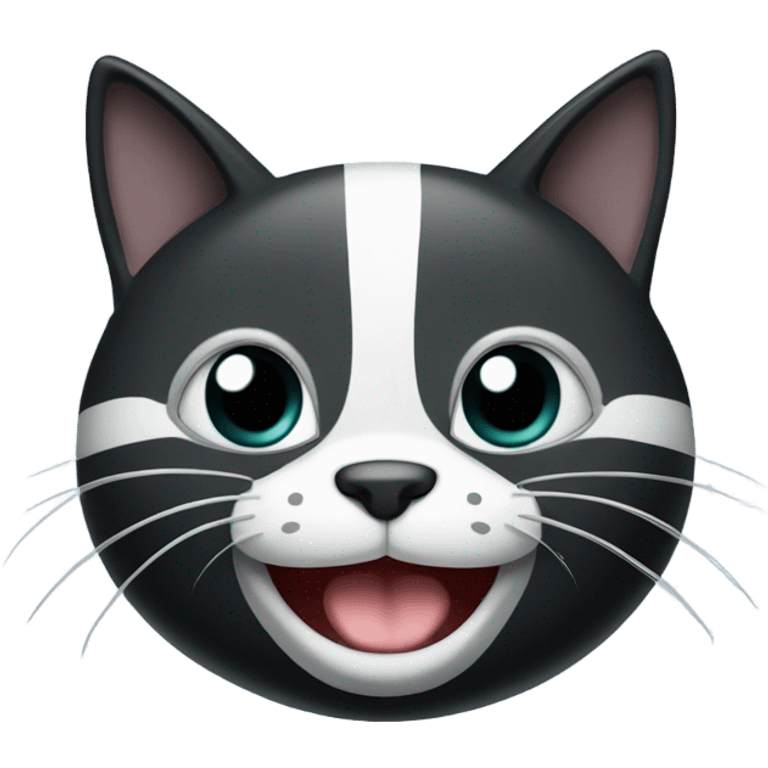 Black Cat with white paws and grey stripes that is smiling emoji