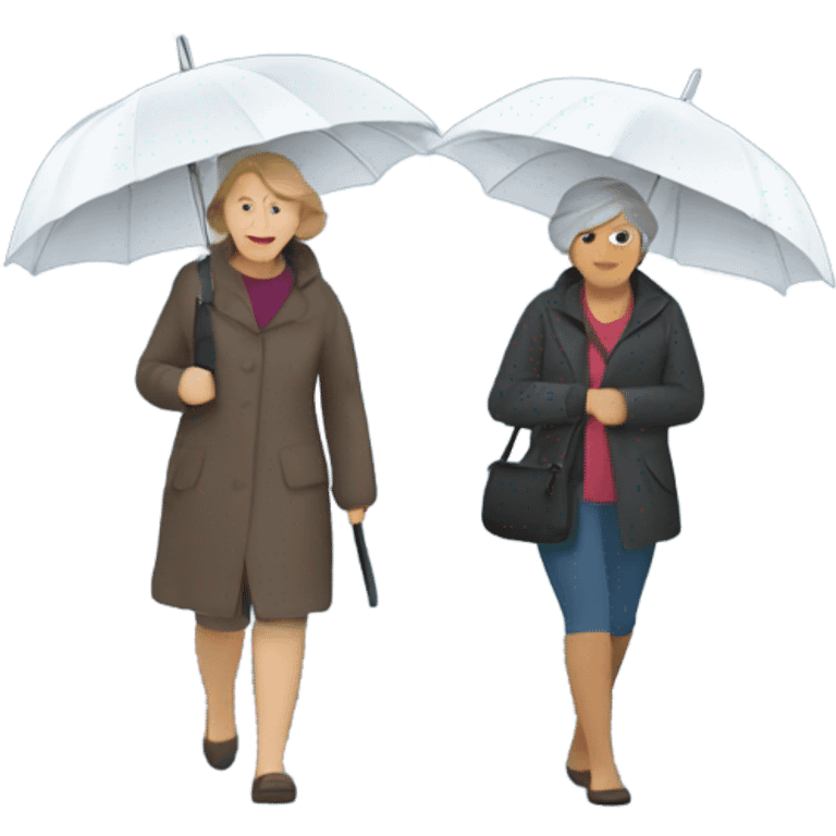 Two middle-aged women walking in heavy rain with umbrellas emoji