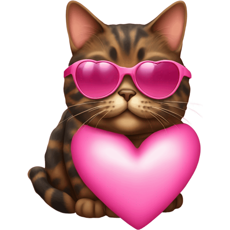 Fat tortishell cat wearing pink heart shaped sunglasses emoji