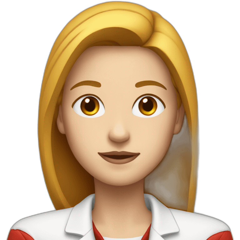 Young white woman, wearing white shirt and red jacket, both hand above her shoulders  emoji