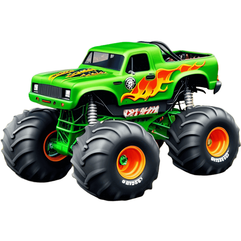 Grave Digger - Monster Jam (Model Year: 2022) (Iconic colour: Green with flames) - A legendary monster truck with a fearsome design: predominantly deep green with dynamic, vibrant flame graphics in bright orange and yellow. Highlight its rough, edgy bodywork and an aura of untamed rebellion. emoji