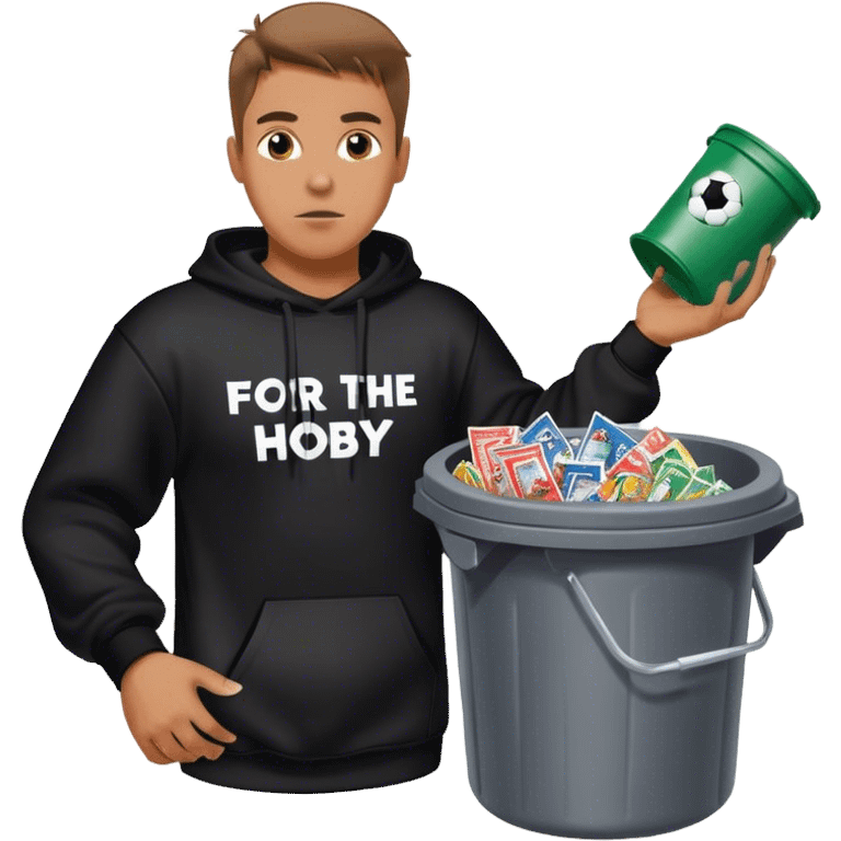 Man with black sweatshirt that says FOR THE HOBBY in white lettering throwing a trash cand filled with wrappers from football trading cards emoji