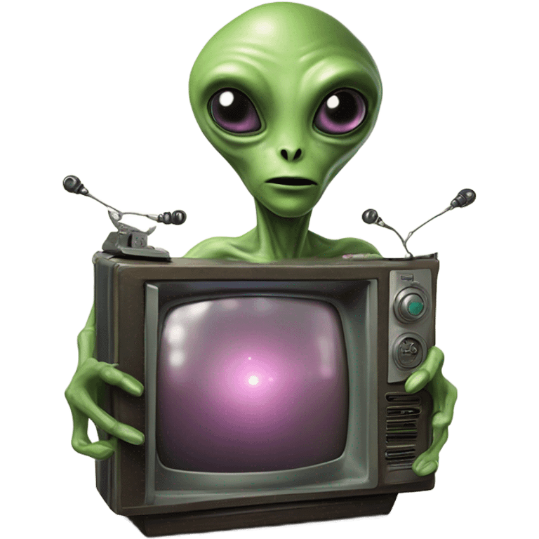 realistic space alien holding a vintage TV set in his hands emoji