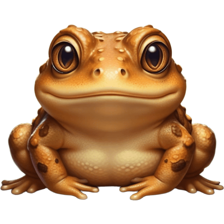 Cinematic Cute Toad Portrait Emoji, Head tilted playfully and inquisitively, featuring a charmingly plump form with bumpy, textured skin in rich earthy hues and round, sparkling eyes full of gentle mischief, Simplified yet irresistibly adorable features, highly detailed, glowing with a warm, friendly woodland glow, high shine, affectionate and lively, stylized with a touch of whimsical nature charm, soft glowing outline, capturing the essence of a mischievous yet loving toad that seems as if it could hop out of the screen into your arms! emoji