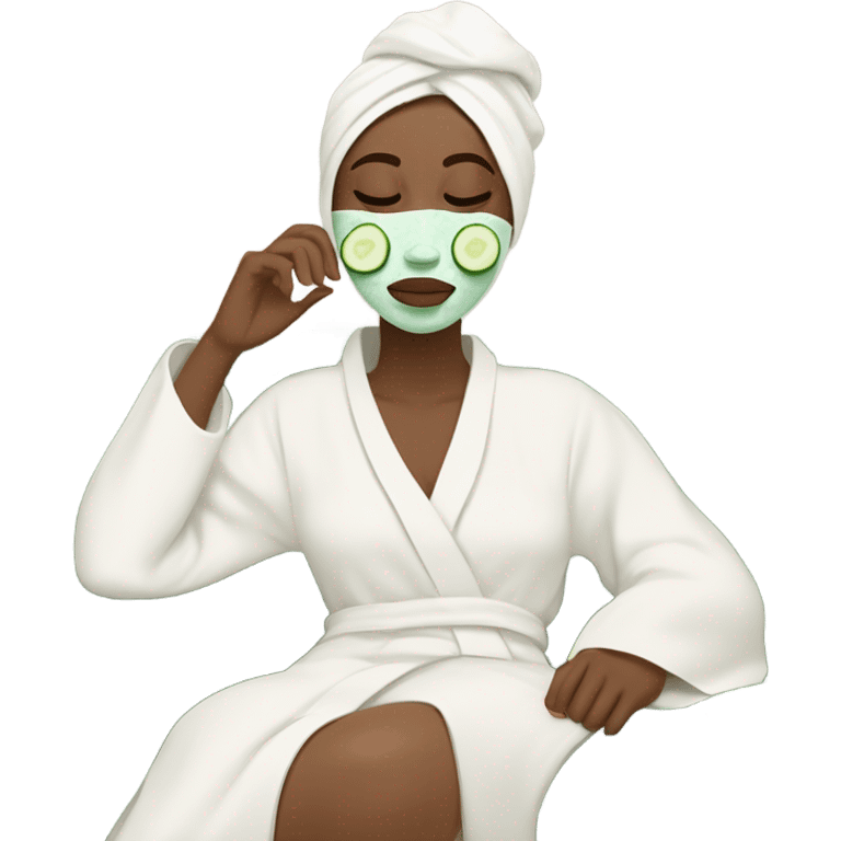 White girl with Brown hair and blue eyes wears a Green colored skincare clay textured mask and puts on cucumbers around her eyes while She relaxes in her white Robe emoji