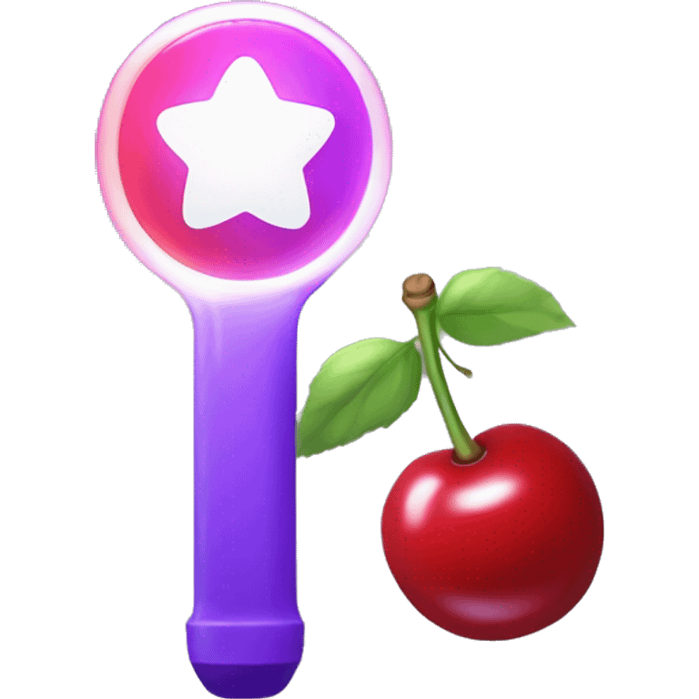 Kpop Lightstick with a red cherry shaped light and the white handle with the word CHERRIES in purple emoji