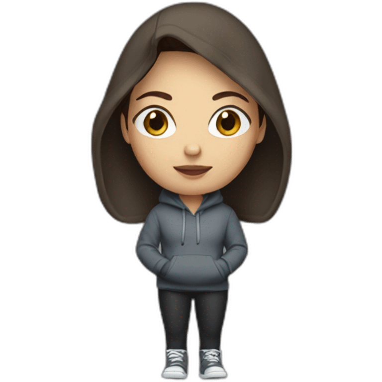 white woman with short dark brown hair in a hoodie emoji