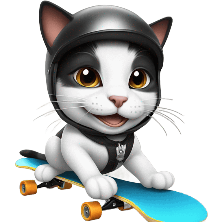 Grinning Black and white cat skateboarding with tiny crash helmet  emoji