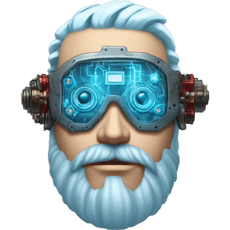  Short light blue haired male cyborg head with light blue beard, red steampunk goggles and circuits emoji