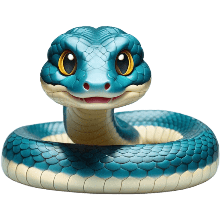 Cinematic Cute Chinese Water Snake Portrait Emoji, Head tilted playfully and inquisitively, with a compact, lithe form and a smooth, shimmering coat in subtle aquatic hues, round, sparkling eyes filled with curious fluidity, Simplified yet irresistibly adorable features, highly detailed, glowing with a warm, friendly glow, high shine, affectionate and agile, stylized with a touch of aquatic whimsy, soft glowing outline, capturing the essence of a mischievous yet loving water snake that feels like it could slither out of the screen into your arms! emoji