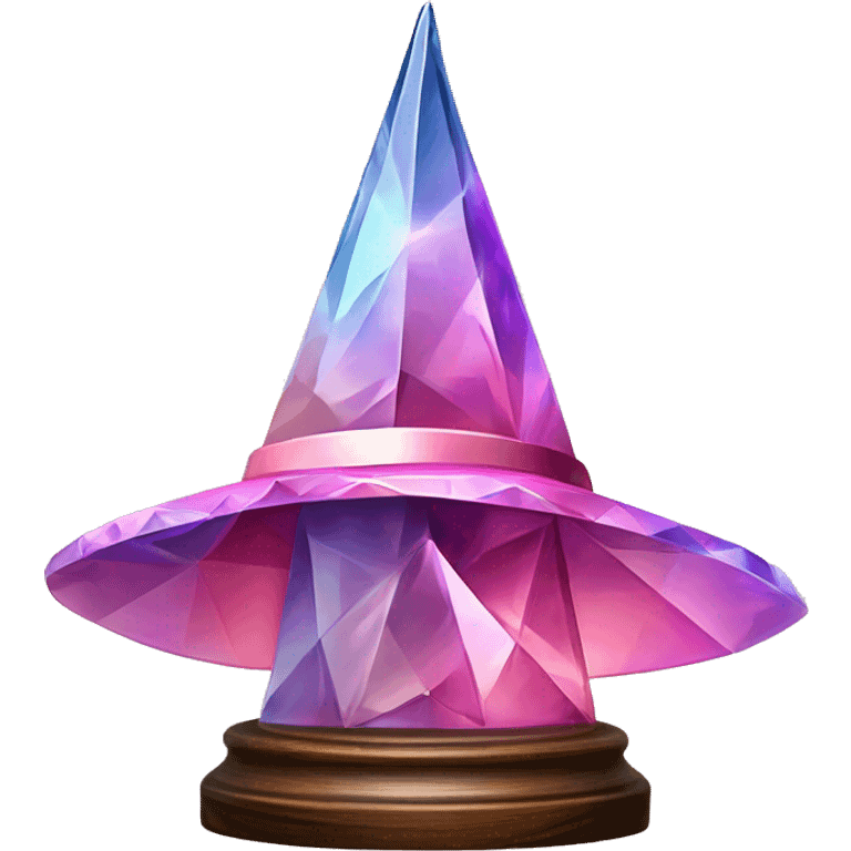 crystal sculpture witch hat with a geometric, faceted design. The hat is standing upright on a wooden stand with angular and baroque features. The vibrant midtone tints of pastels and pink highlights the sharp edges and planes.  emoji