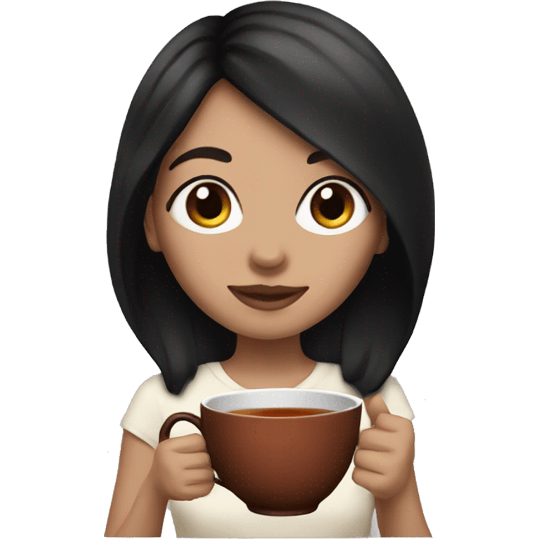 White girl with black hair holding tea emoji