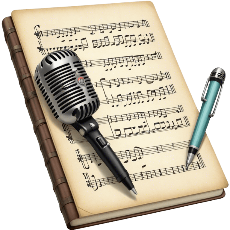 Create an emoji representing songwriting. The design should feature an open notebook or sheet music with visible lyrics between the musical notes, symbolizing the process of writing song lyrics. The text between the notes should be clearly visible. A pen or pencil should be placed near the notebook, indicating active writing. Optionally, include a single vintage microphone lying beside the notebook (not on the music notes) to add a creative touch. Use a harmonious color palette with warm and neutral tones. Do not include any emojis or smiley faces. Make the background transparent. emoji