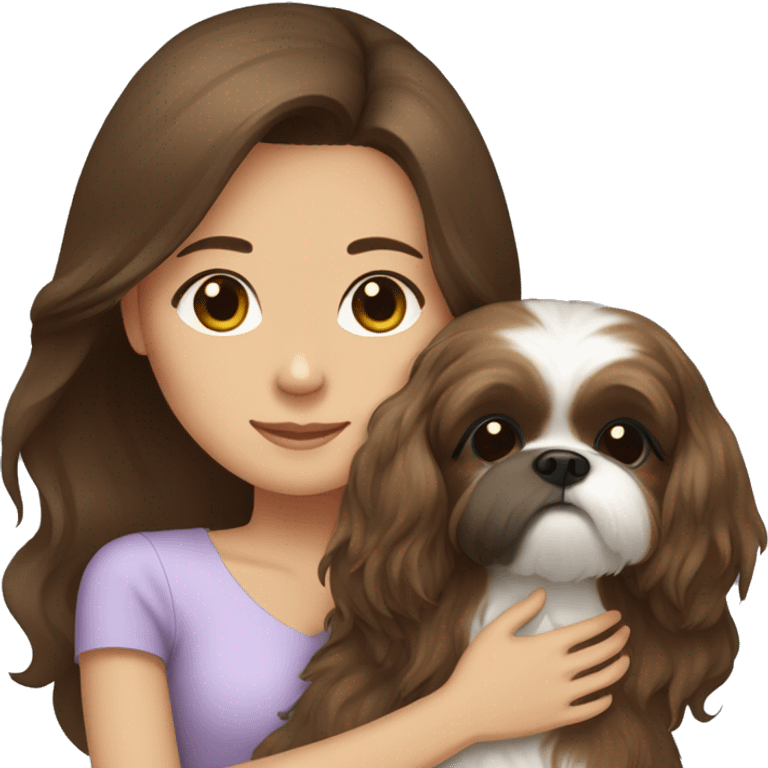 Brunette girl with brown long hair, hugging her Shih tzu emoji