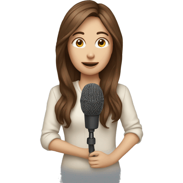 a wihte journalist with long brown hair with a microphone emoji