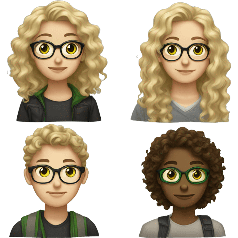 brown and blonde long curly and wavy haired glasses androgynous green eyed young adult portrait emoji