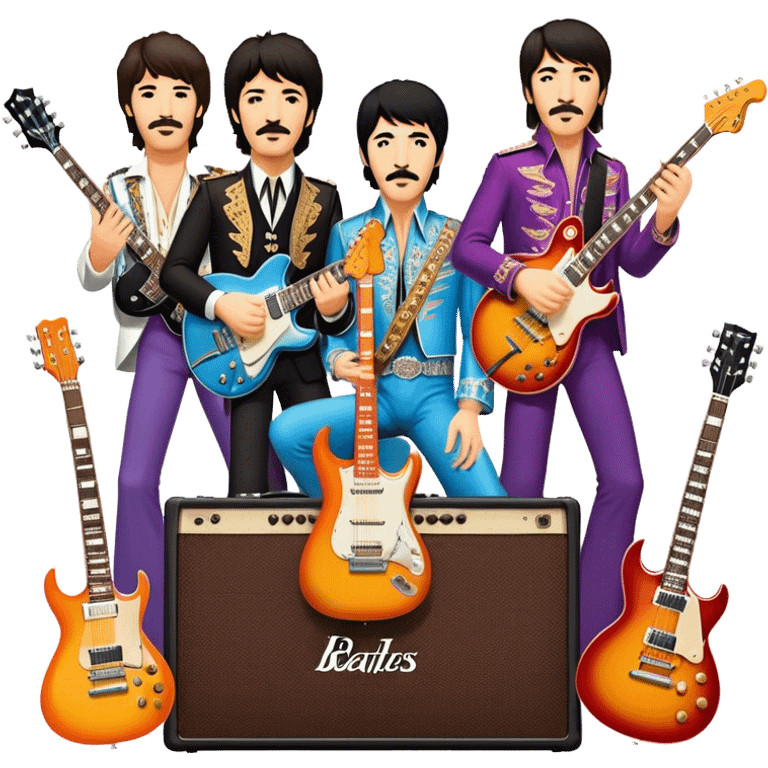 Rock music icon: collage of legendary rock stars—The Beatles, Jimi Hendrix, Elvis Presley, Queen, Nirvana, Led Zeppelin. Electric guitars, amplifiers, and microphones surrounded by vibrant stage lights and musical notes. Transparent background. emoji