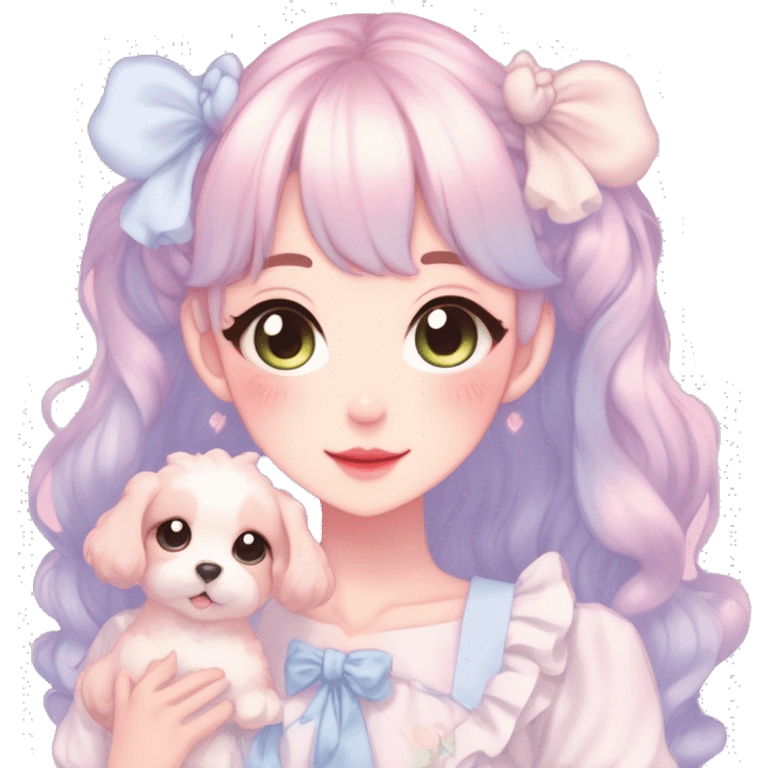 Gorgeous pastel anime style lady with blushing face and puppy ears cottagecore fairycore pastelcore colorful pearly romantic simplistic aesthetic trending style emoji