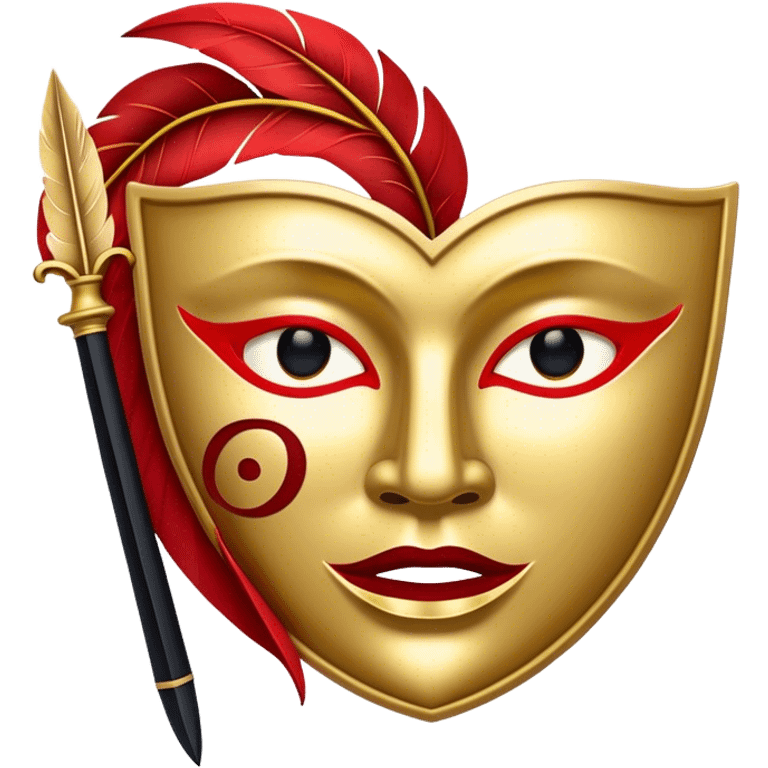 Create a bold and dramatic emoji representing the art of playwriting. The design should feature an open script or a theater playbook, with stylized text lines or dramatic dialogue inside. Include elements like a theatrical mask (comedy or tragedy), a stage spotlight, or a quill to symbolize creativity and performance. Use deep, contrasting colors like red, black, and gold to evoke the intensity and passion of drama. The overall design should feel dramatic, inspiring, and artistic. Make the background transparent. emoji