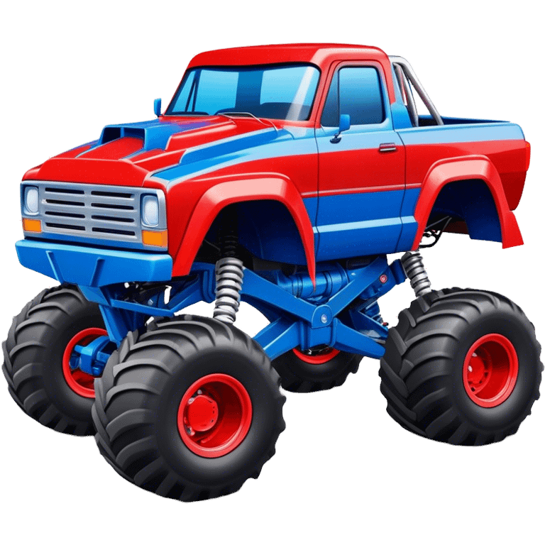 Avenger - Monster Jam (Model Year: 2021) (Iconic colour: Blue and red) - A dynamic monster truck with a split-color scheme: predominantly blue accented by bold red elements. Focus on strong, angular lines and vivid contrasting colors that evoke high energy and a futuristic, rebellious style. emoji