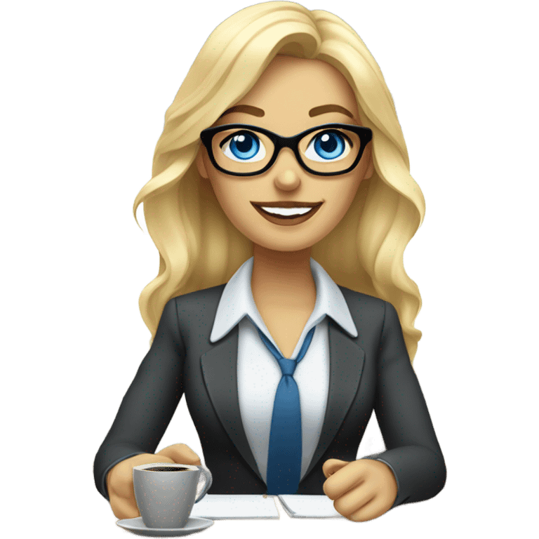 Corporate blonde boss lady with glasses happy blue eyes sitting at a desk drinking coffee  emoji