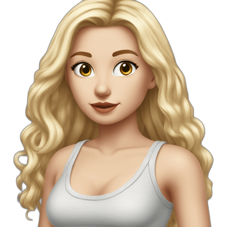 hyperrealist caucasian girl, long straight blonde hair, white v-neck laced crop tanktop, grey tight micro skirt emoji