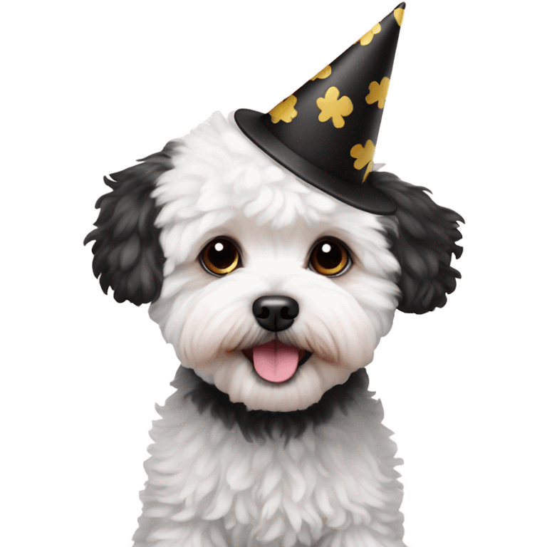 White and black Maltipoo wearing birthday hat emoji