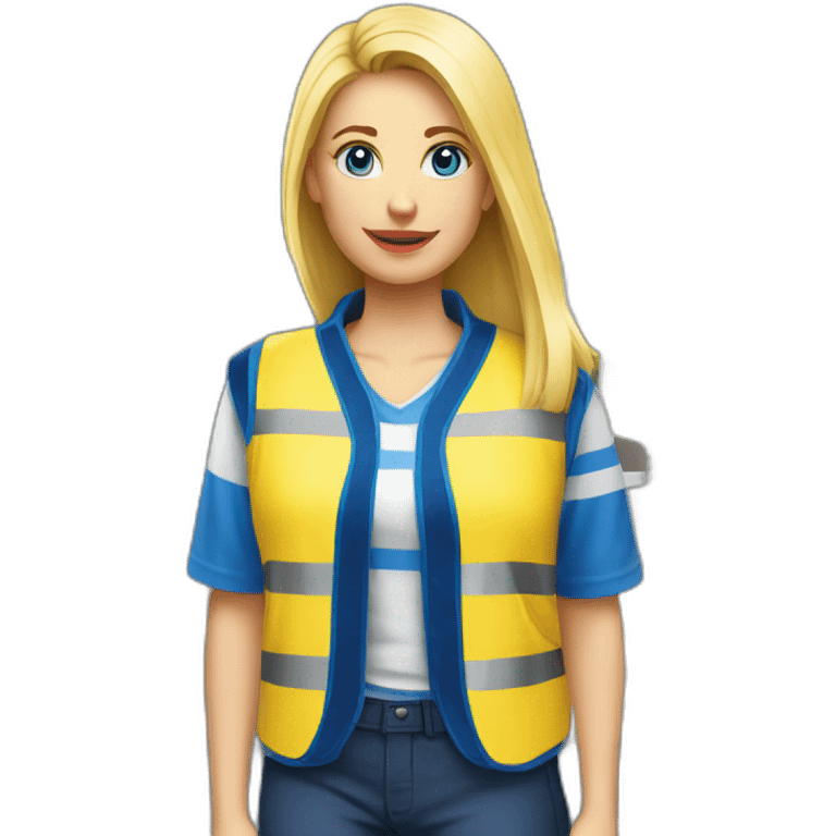 Ikea coworker blue eyes blond woman blue stripes t-shirt and yellow security vest emoji