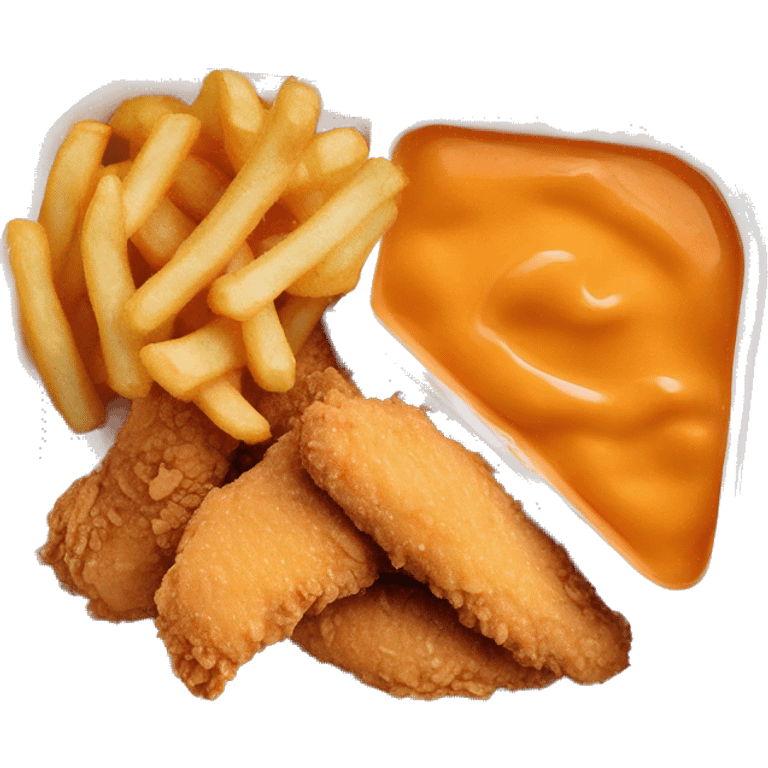 3 chicken tenders with crinkle fries and orange sauce on the side in a styrofoam container styrofoam container emoji