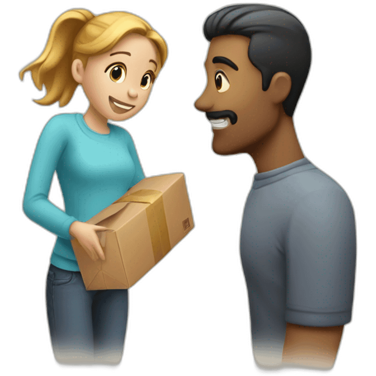 A man giving a girl a package with the word attention on it emoji