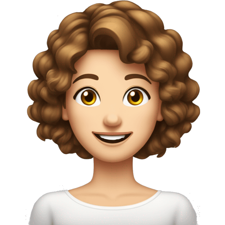 Une charmante dame avec des cheveux bruns legerement boucles jusqu'au epaules, des yeux verts, un regard timide, un beau sourire emoji