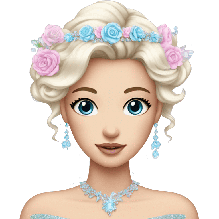 Gorgeous pastel Lady with blue eyes in a sparkly shiny dress with tiara and necklace and flowers aesthetical and trending  emoji