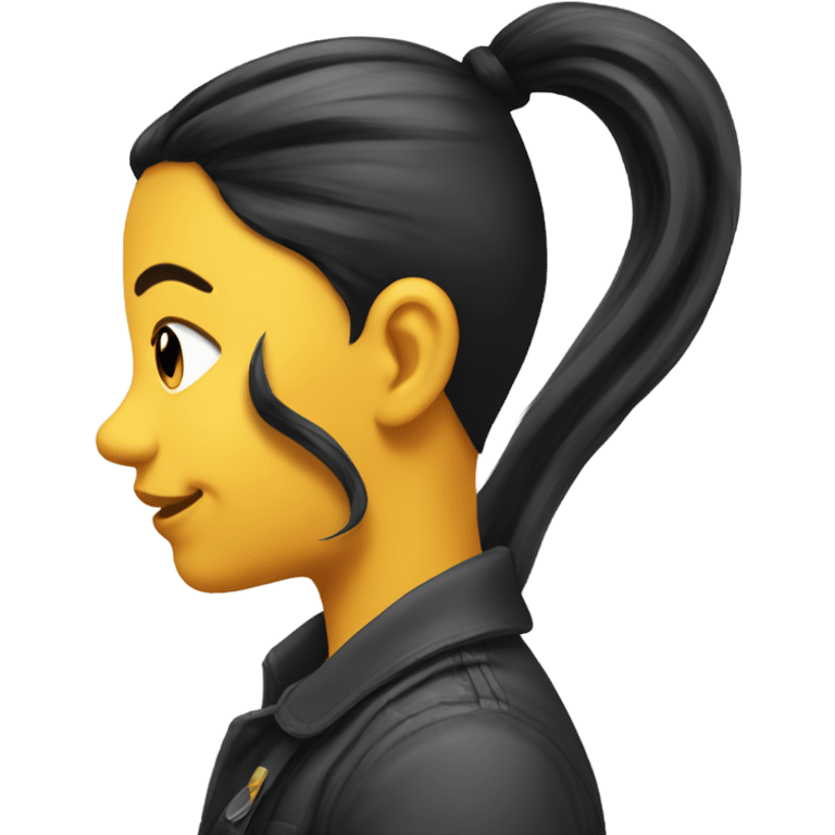 Side profile of a yellow emoji with a pony tail and a big black circle on her cheeck emoji