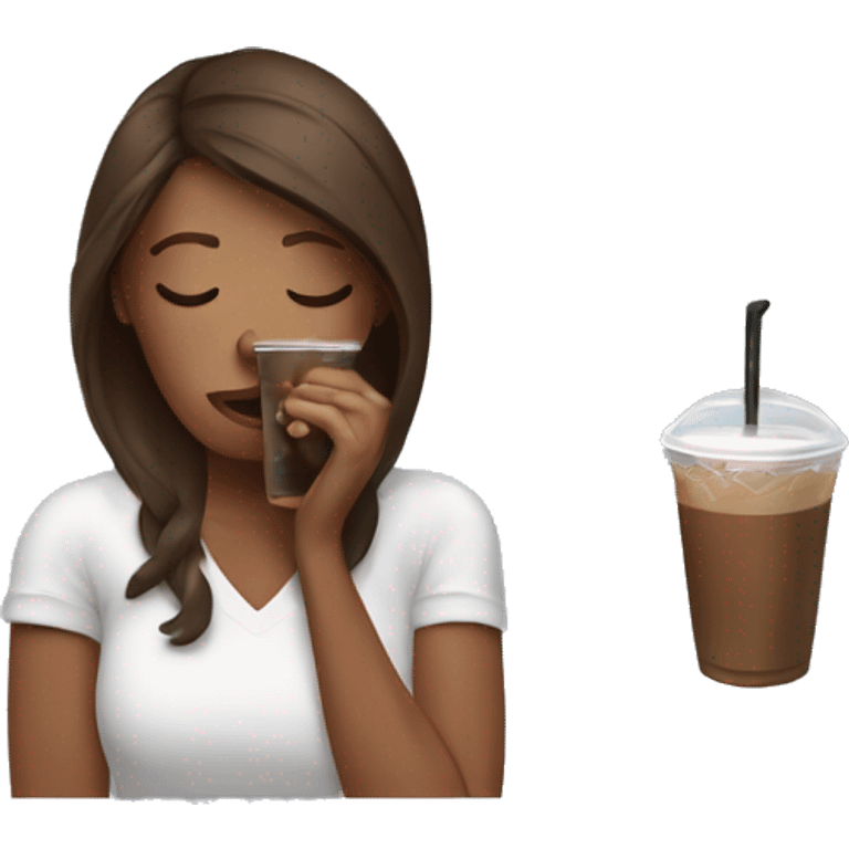 Women drinking iced Coffee being stressed with brown hair emoji