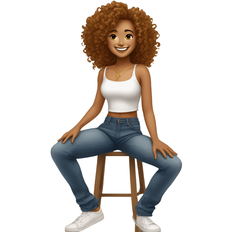 Woman with caramel coloured skin, curly hair, gold hoop earrings, white crop top, low waisted baggy jeans, smile emoji