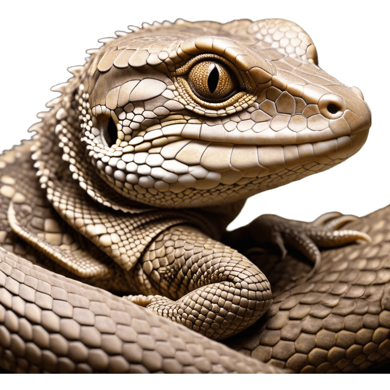 Meme-Worthy cute Sleeping brown camo spotted monitor Lizard Portrait Emoji, Head resting peacefully with a contented smile, showcasing intricately patterned scales and eyes gently closed in serene slumber, Simplified yet comically adorable features, highly detailed, glowing with a soft, drowsy earthy light, high shine, relaxed and utterly lovable, stylized with an air of playful laziness, bright and heartwarming, soft glowing outline, capturing the essence of a sleeping reptilian guardian that feels destined to become the next viral icon of adorable rest! emoji