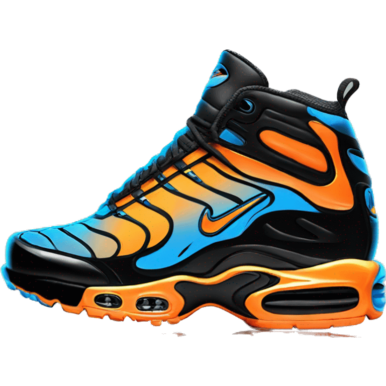 create a black orange and blue colored nike tn in comic style emoji