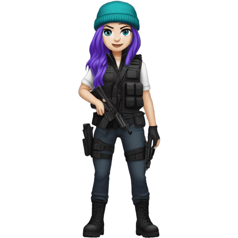 Girl, white skin, tactical vest, dark pants, long teal hair, blue eyes, purple beanie hat, gun, black combat boots emoji