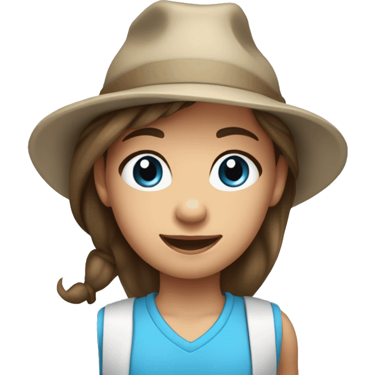 9 year old girl brown hair in a pony tail blue eyes and shirt and hat and silver earrings emoji