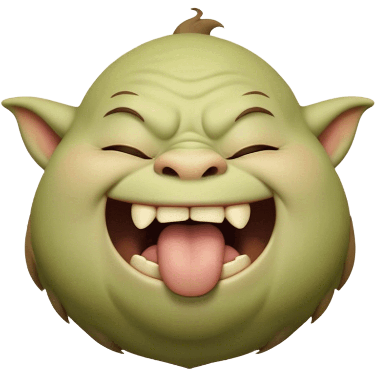 Cinematic Cute Yawning Ogre Portrait Emoji, with a surprisingly cuddly, rotund figure in soft earthy greens and browns, head tilted back in a big, gentle yawn exposing a set of comically oversized teeth, simplified yet irresistibly adorable, highly detailed with a soft glowing outline that captures the sleepy charm of a friendly ogre after a long day of gentle mischief! emoji