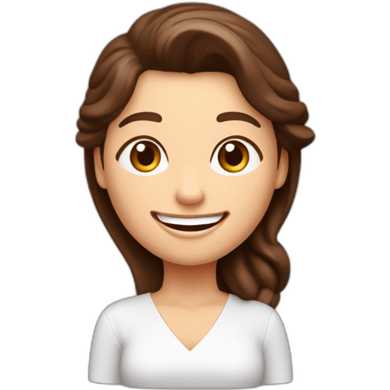 Una mujer ceramista con pelo color chocolate de largo medio, piel blanca, gran sonrisa sosteniendo un cuenco en una mano y una torneta en la otra. Tiene un hermoso delantal.en emoji