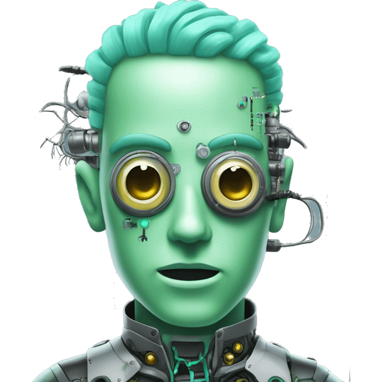 Pastel green haired male cyborg head with monocle and circuitry emoji