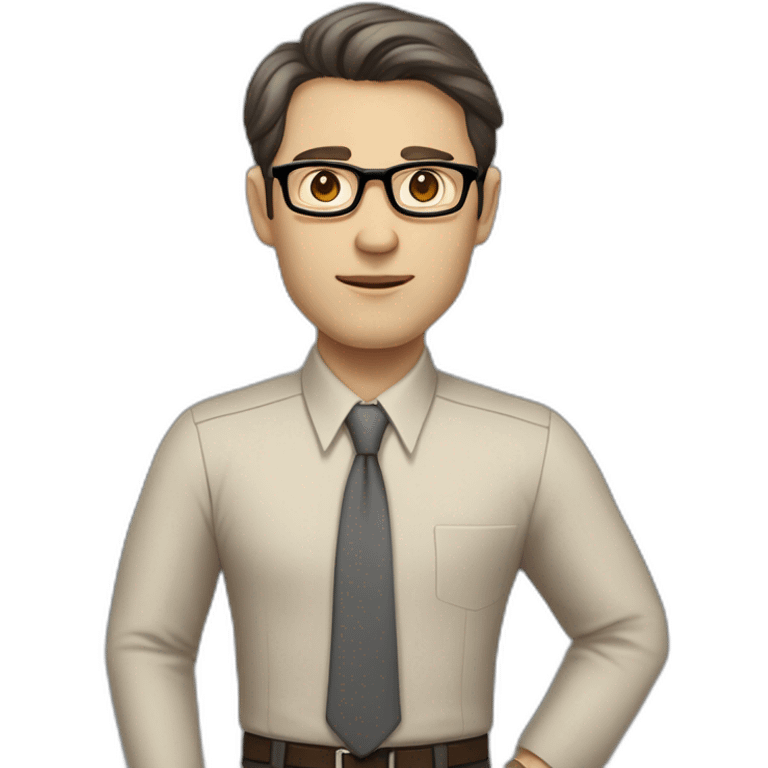 Full height Pale skinned Fit Man With dark brown hair in classic gray suit, beige office shirt, dark gray tie, and vintage glasses. His right hand stretched out emoji