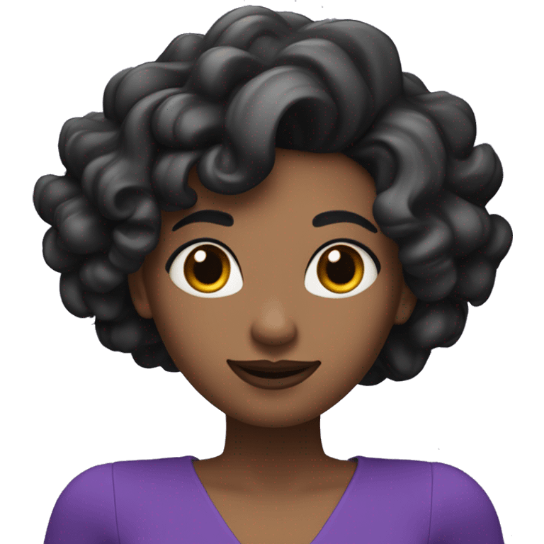 And a 3D illustration of a female character with long medium curly black hair smiling wearing lipstick round face black eyes animated. The character must wear a long-sleeved purple blouse. emoji