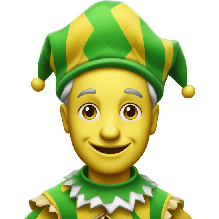 A pale traditional jester who is wearing green and yellow emoji