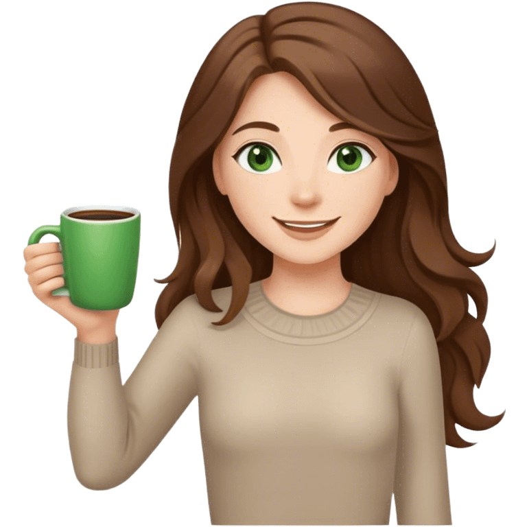 Long, Brown haired girl with middle hair part, with green eyes, smiling, waving with one hand, coffee mug in the other emoji