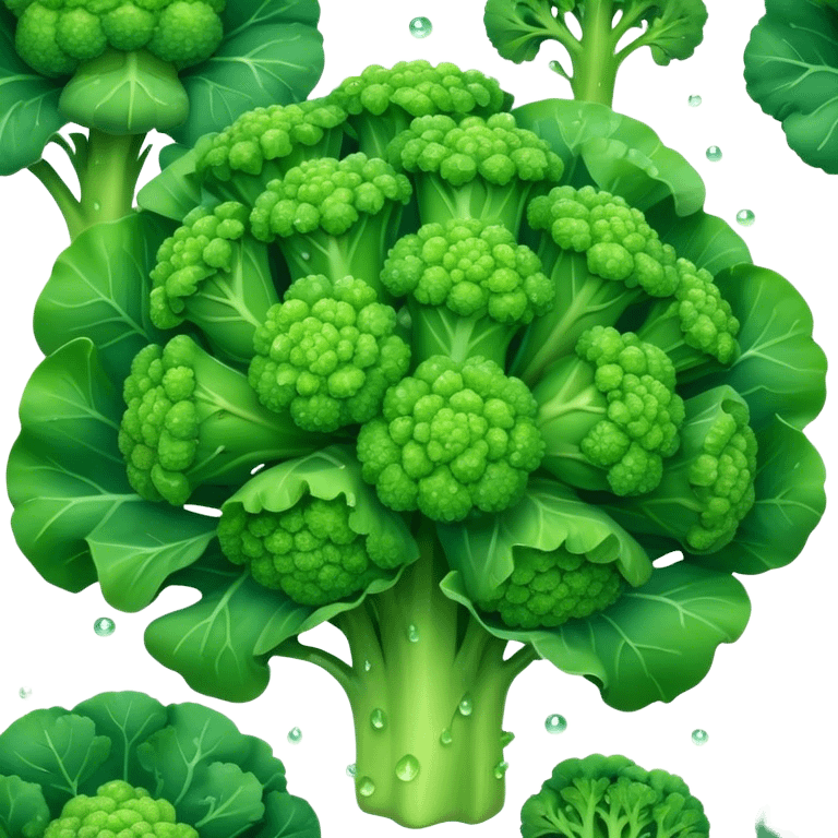 Cinematic lush green broccoli, detailed florets glistening with dewdrops, ultra-fresh and vibrant, soft glowing background, healthy and delicious. emoji